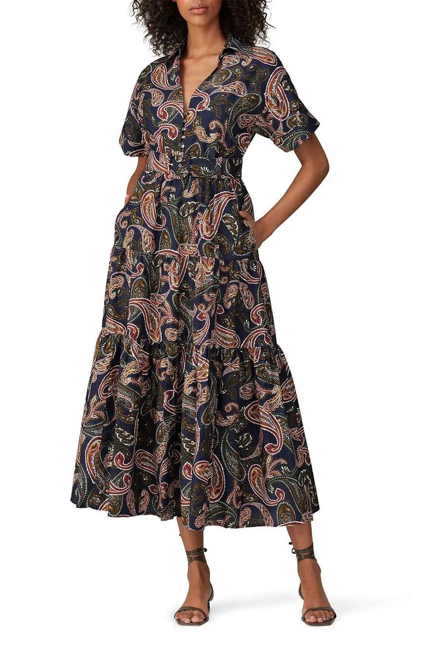 Nicholas Women's 14 Blue Amina Paisley Midi Dress Silk Blend Boho Chic S4-3 - Picture 1 of 10